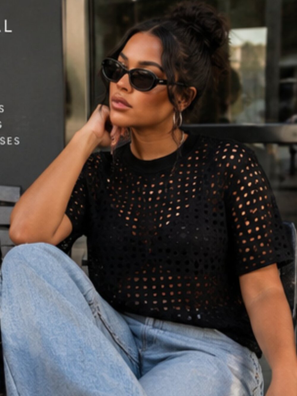 T by Alexander Wang Size S Black Circular Hole Cut Out Short Sleeve Top